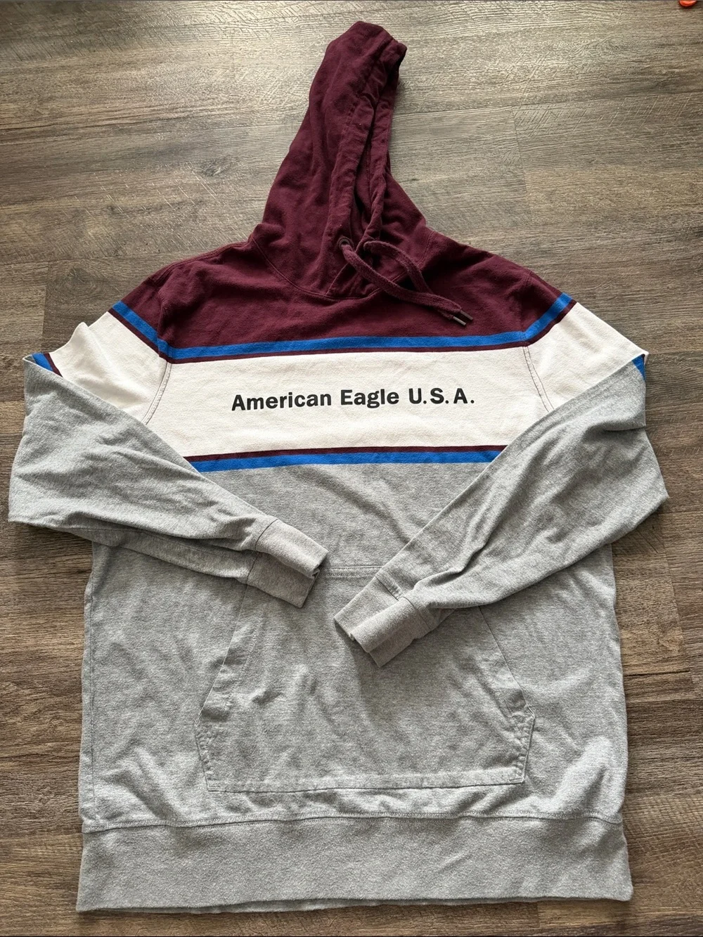 American Eagle Outfitters Men's Hoodie Sweater - Burgundy, Gray, Cream
